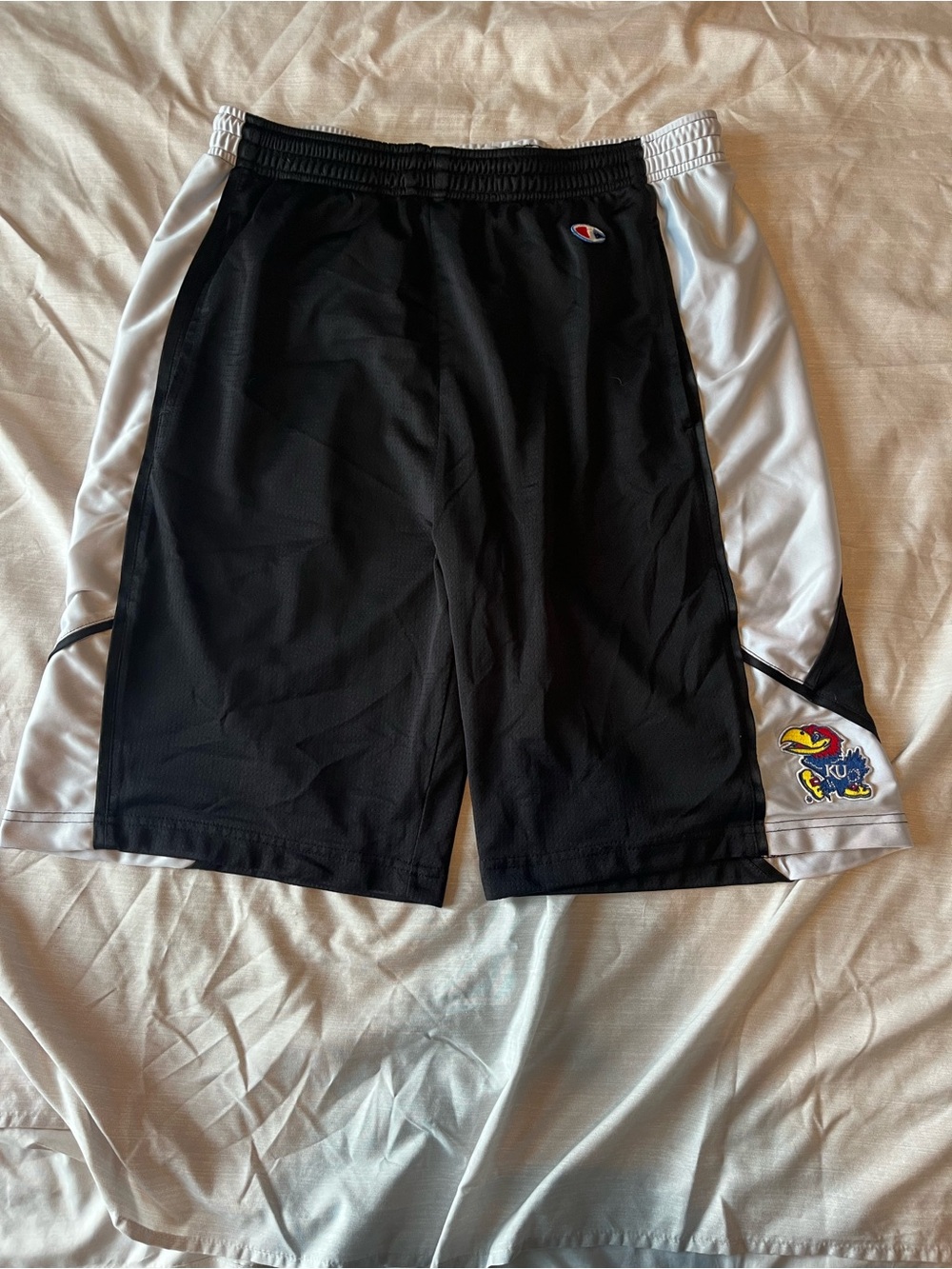 Champion Men’s Black and White Athletic Shorts with KU Jayhawks Logo